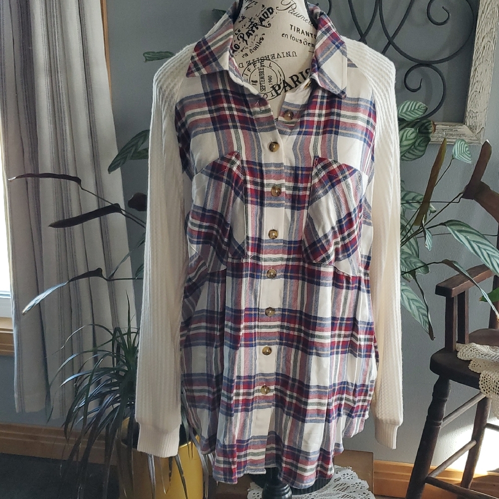 Torrid Multicolor Plaid Shirt with White Knit Sleeves